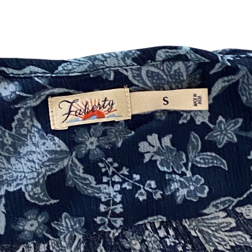 Faherty Isha Dress Navy Blue Floral Tiered Button Front Midi Womens Size Small - Picture 2 of 8